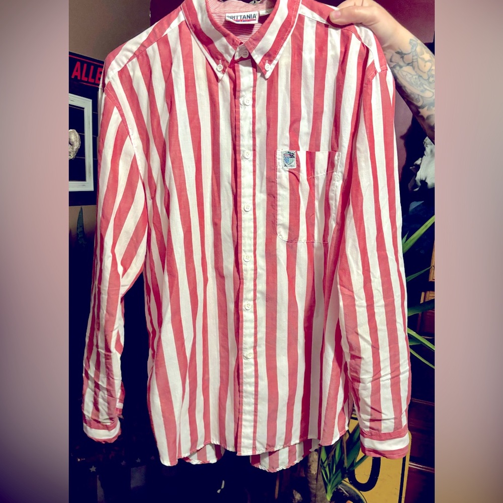 Red and White Striped Casual Button Down Shirt
